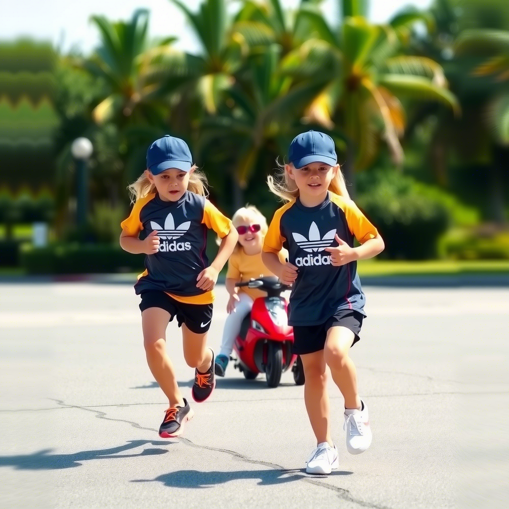 Kids in matching athletic wear, running together on a sunny day, enjoying the outdoors and exercising together.