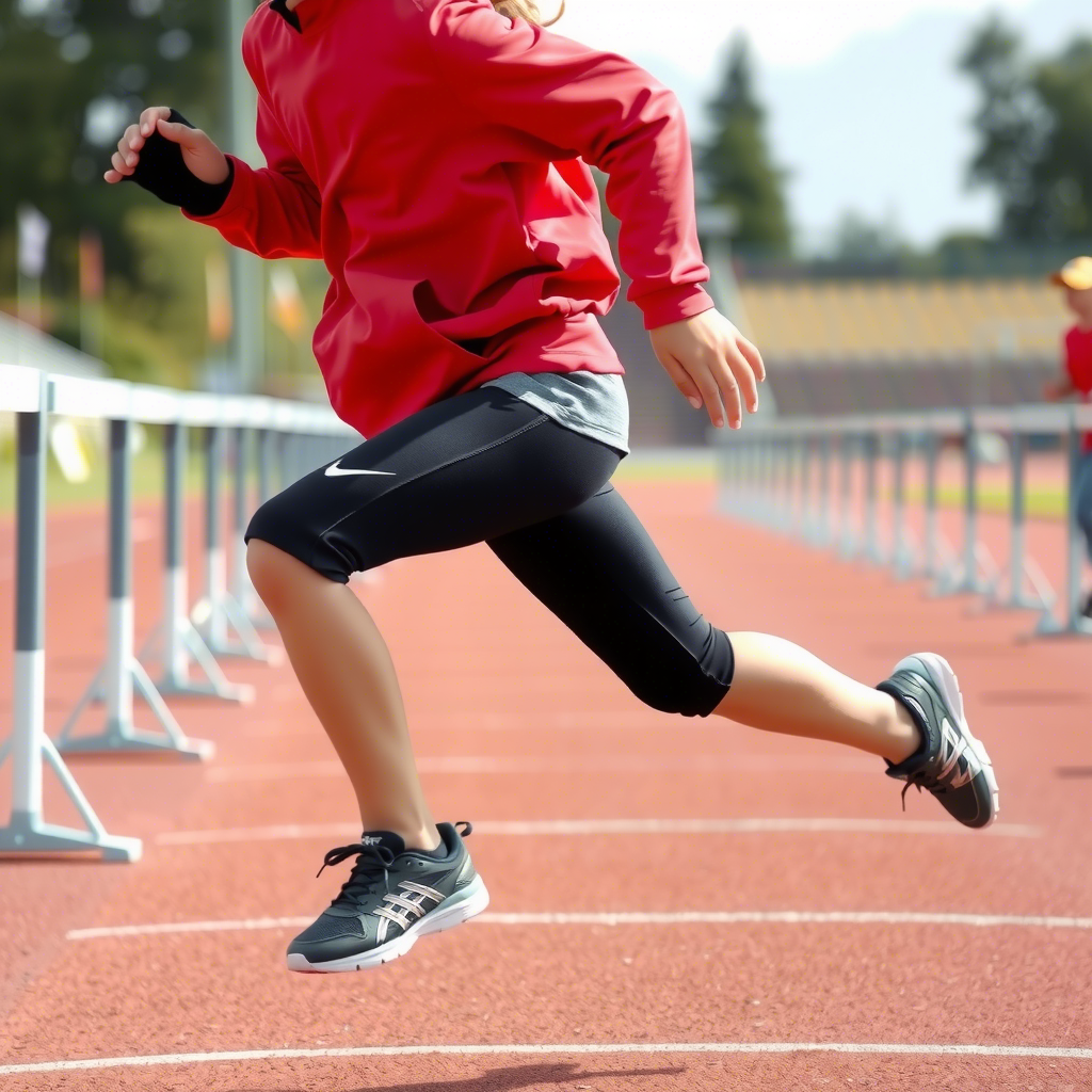 Little athlete in sleek running shoes and sporty outfit jumping hurdles, demonstrating agility and athleticism.