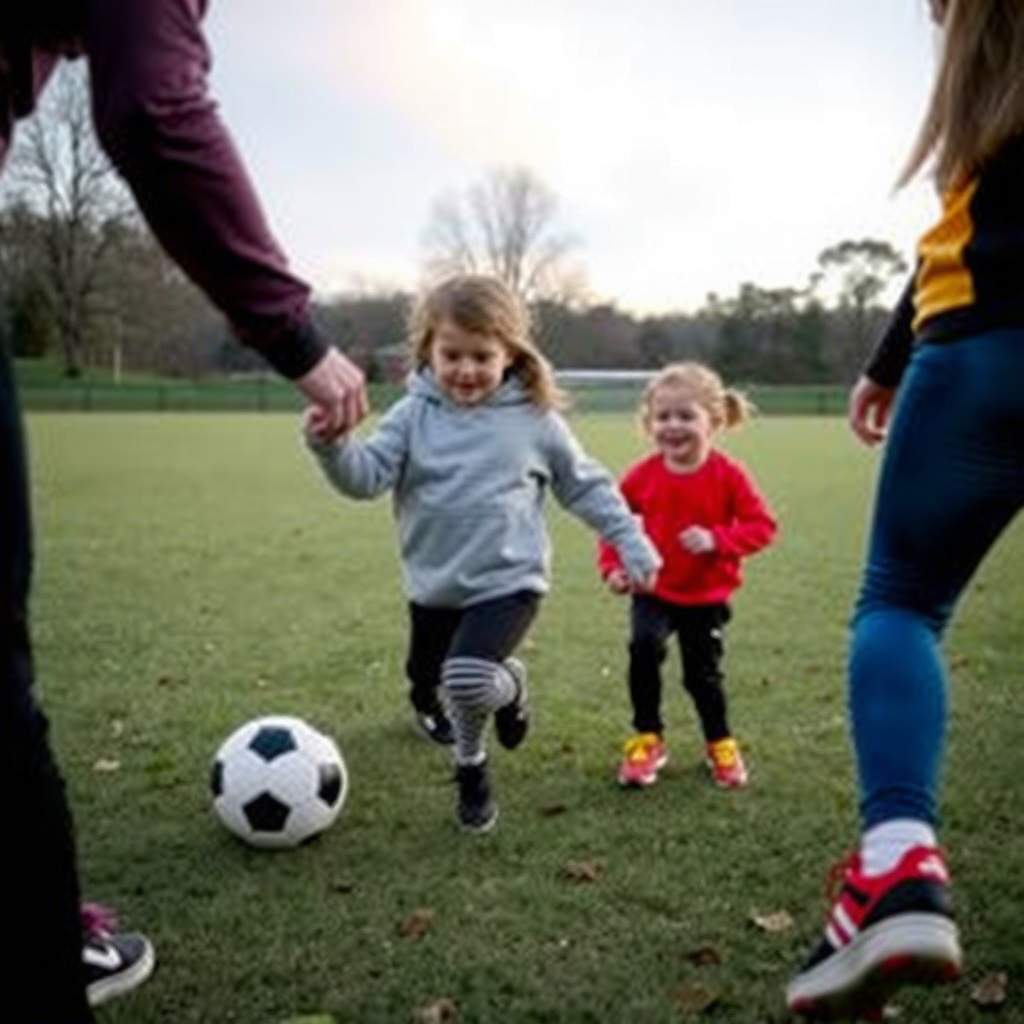 Child in cozy sweatshirt and leggings playing soccer with friends, enjoying a fun day outdoors.