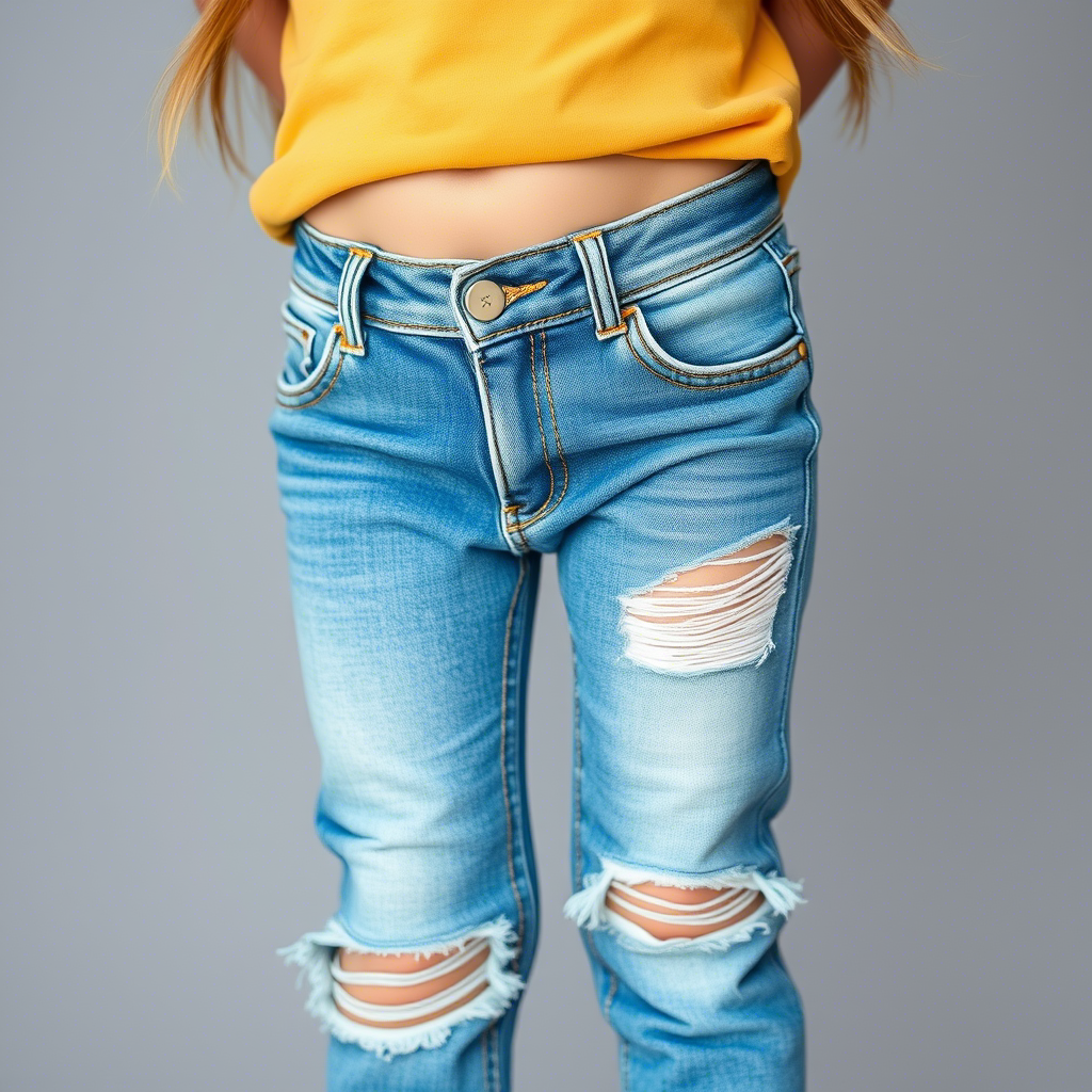 Eco-Stretch Denim with Artistic Knee Rips for Trendy Little Fashionistas