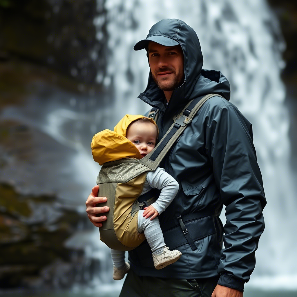 A waterproof men's jacket with a kid's carrier attached, standing under a waterfall