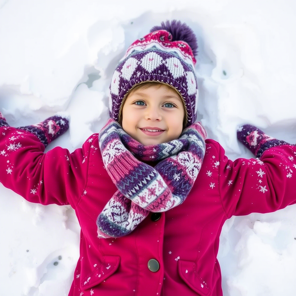 A young girl bundled up in a cozy winter outfit, hat, scarf, and mittens, making snow angels.