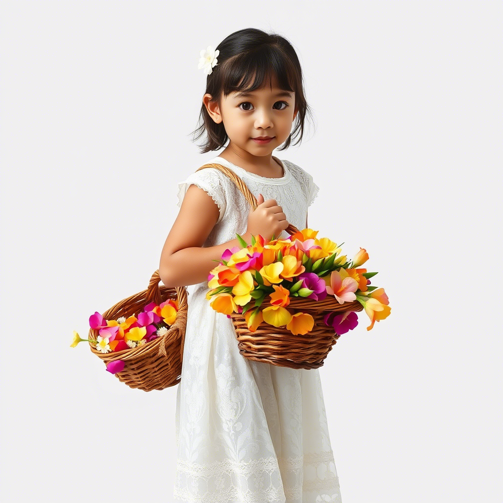 A young girl in a lace dress carrying a basket overflowing with colorful flower petals