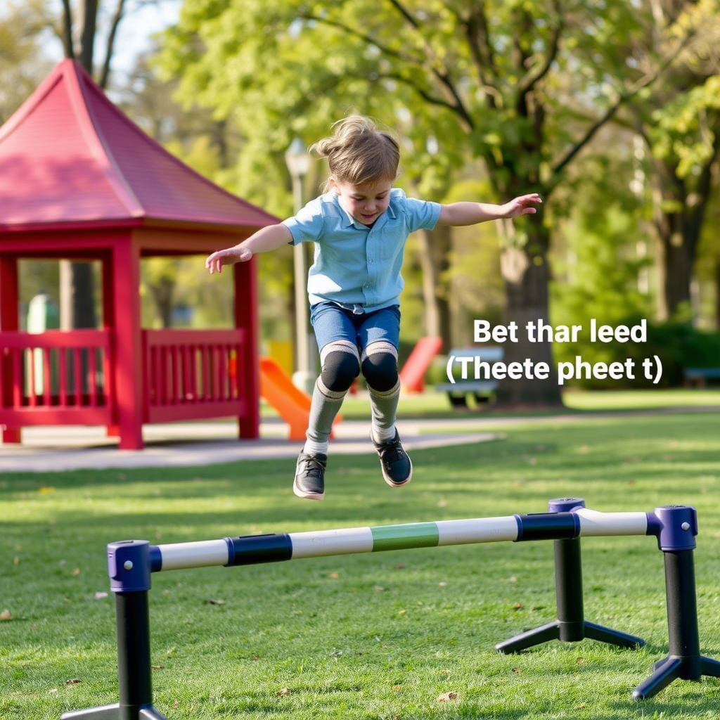 Action shot of a kid in Play-Ready Jumpers with Hidden Knee Pads jumping over obstacles in a park.