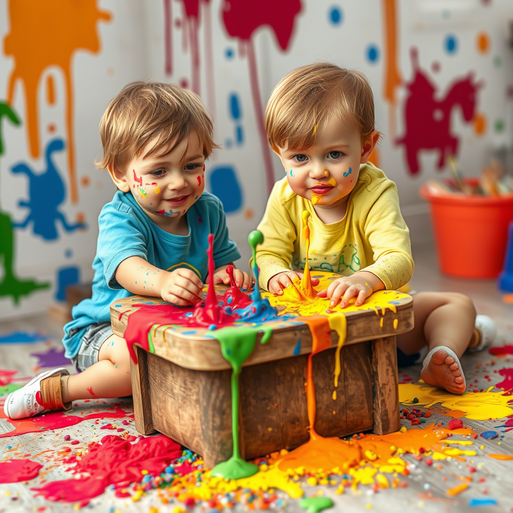 Active kids in durable play sets, enjoying messy paint play with vibrant colors splattered around