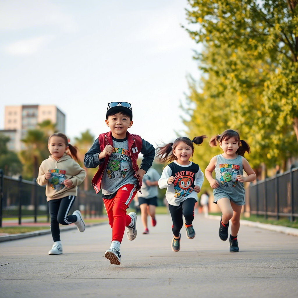 Active kids in trendy streetwear outfits, running in a park