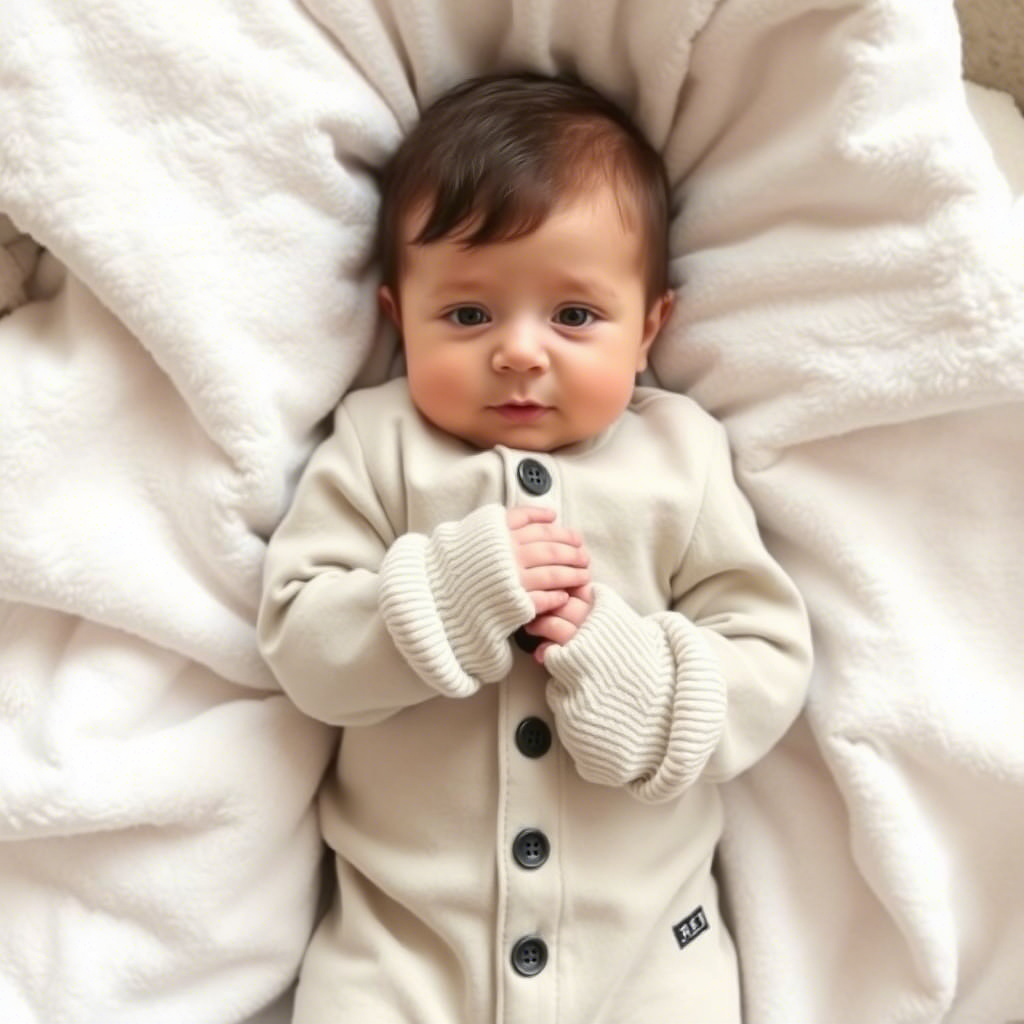 Adorable baby boy in organic cotton romper with fold-over mittens lying on a soft blanket.