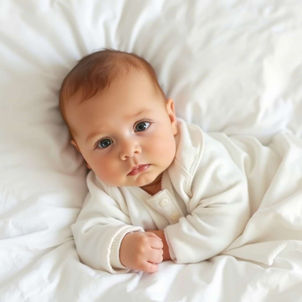 Adorable baby in soft, gentle clothing lying on a clean white bed, showcasing the comfort and safety of hypoallergenic fabrics