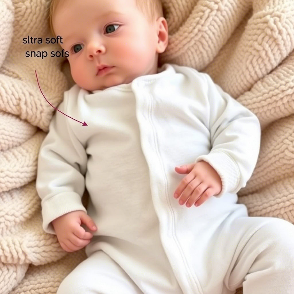 Adorable baby wearing ultra-soft onesie with snap buttons and expandable cuffs, lying on a soft blanket.