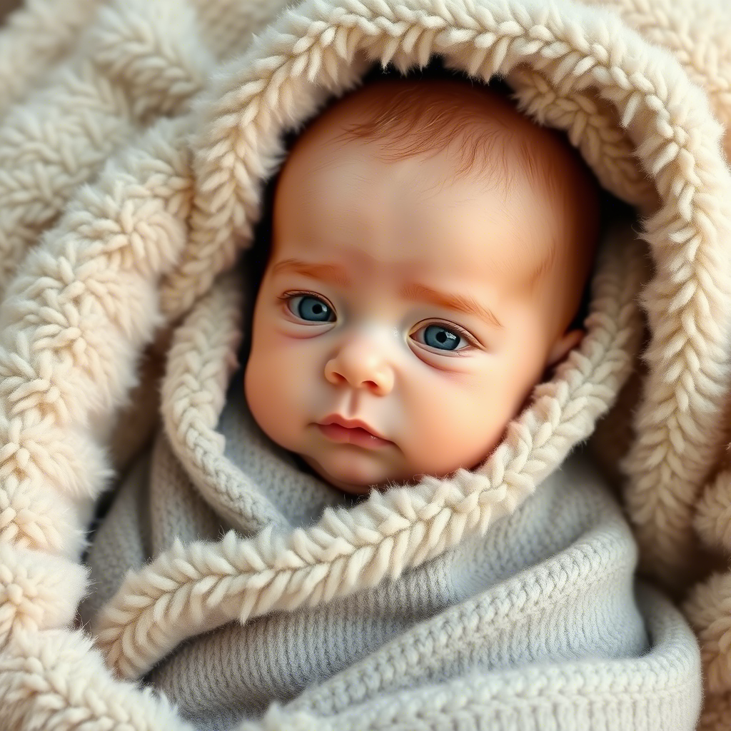 Adorable infant wrapped in soft, fuzzy fabric with gentle texture details