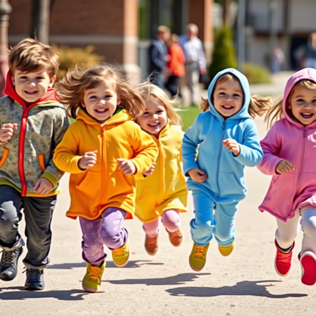 Adorable kids dressed in colorful, comfortable clothing, running happily on a sunny day.