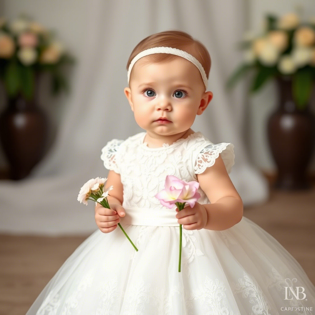 Baby girl in elegant white lace dress, holding a small bouquet, posing for family photos, capturing a precious moment in time