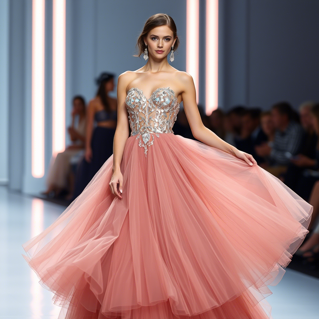 Beautiful model posing in a detachable tulle skirt French-inspired evening gown at a high-end fashion show