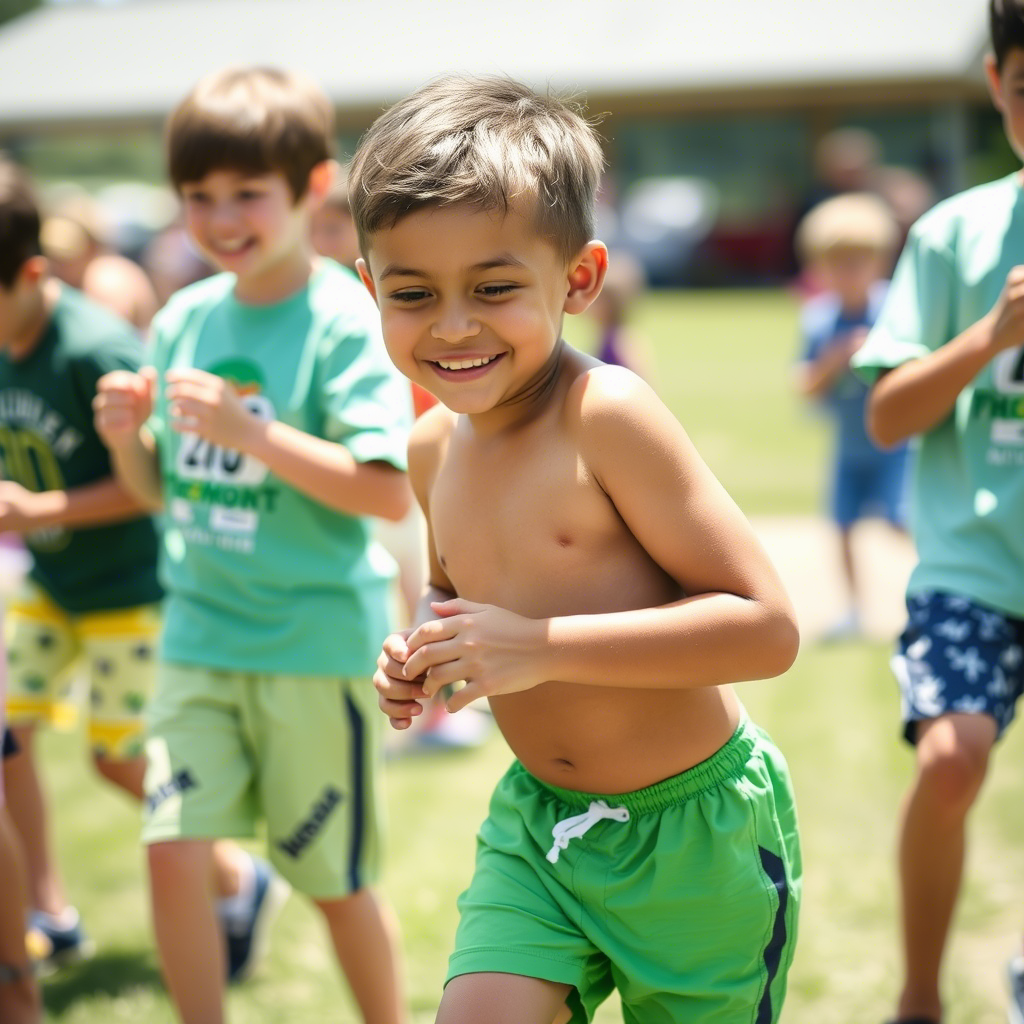 Boy in quick-dry shorts participating in a fun summer camp activity, smiling with friends.