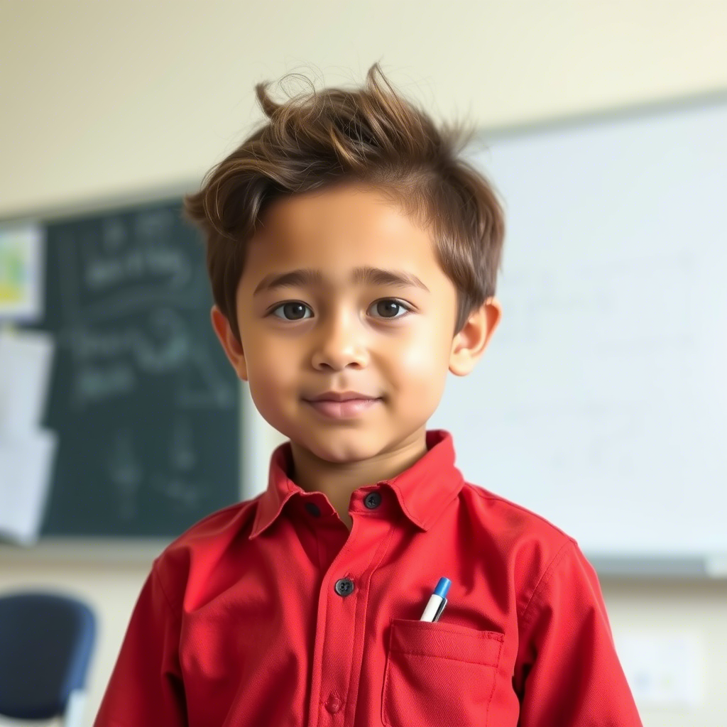 Boy wearing Anti-Microbial shirt with hidden pen pocket, standing in front of a classroom whiteboard