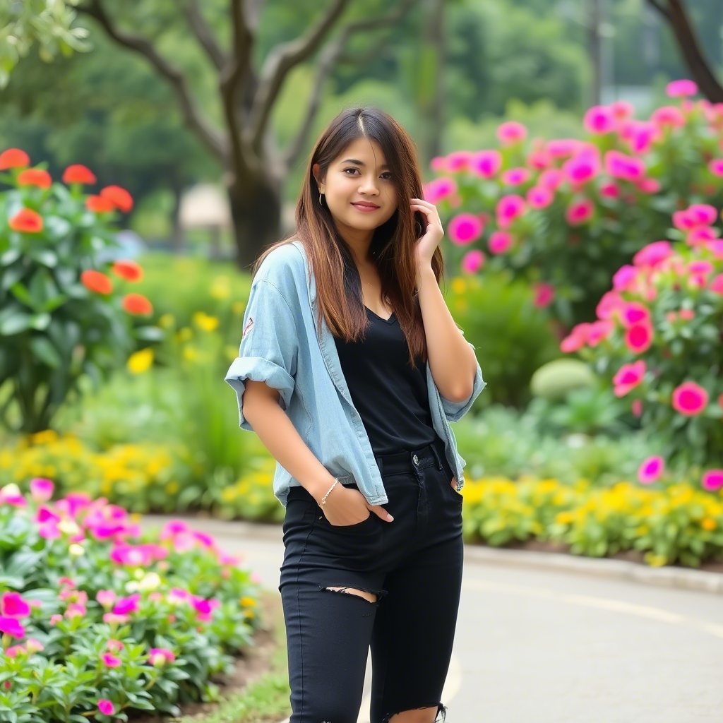 A young girl enjoying the outdoors in a trendy, comfortable outfit, surrounded by vibrant flowers and lush greenery, exemplifying the perfect blend of style and comfort in casual playwear.