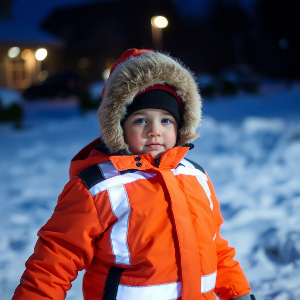 Child in bright insulated winter clothing with reflective safety strips playing outside in the snow on a dark winter evening.