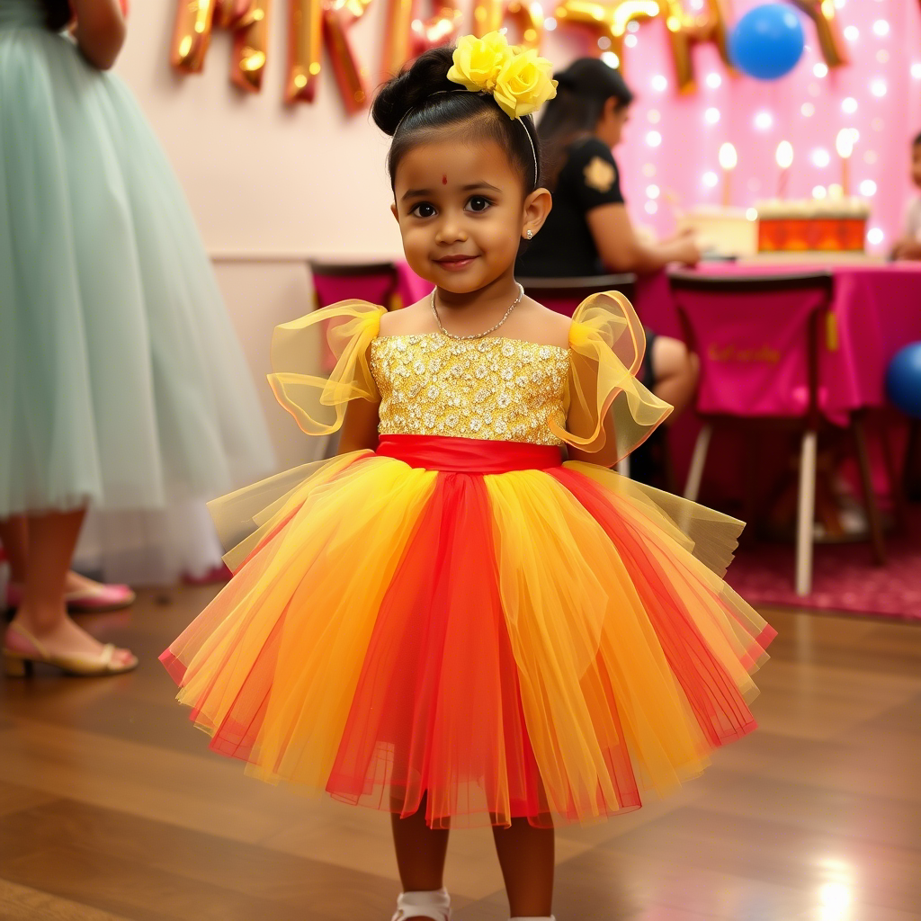 Child wearing a stylish tutu dress, posing at a birthday celebration