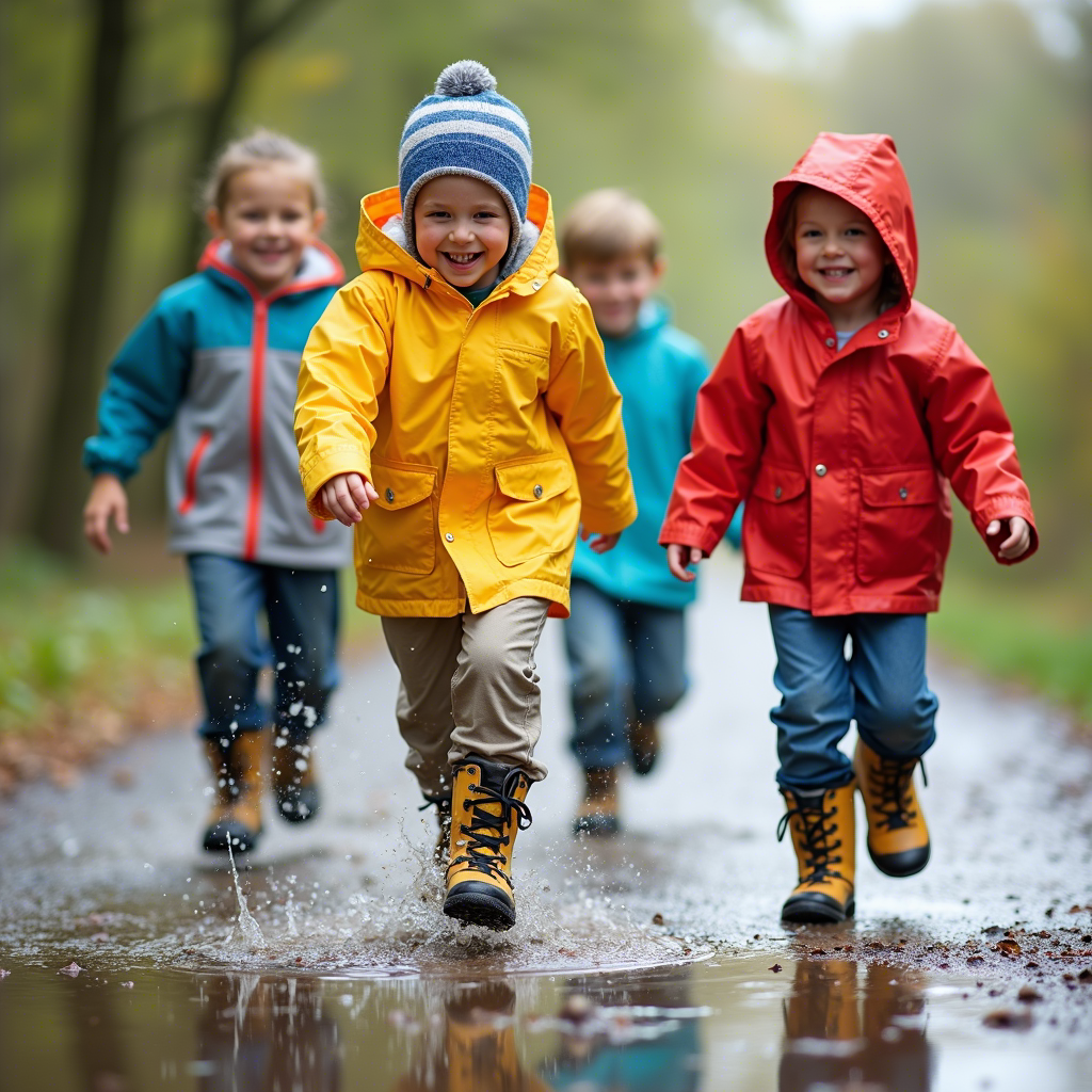 Children playing outside in colorful rain gear, jumping in puddles with hiking boots.