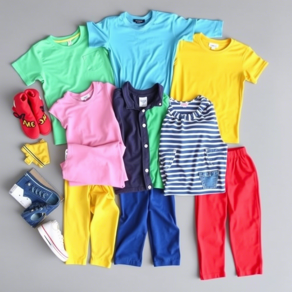 Colorful kids' outfits arranged in a neat bundle, ready for back to school