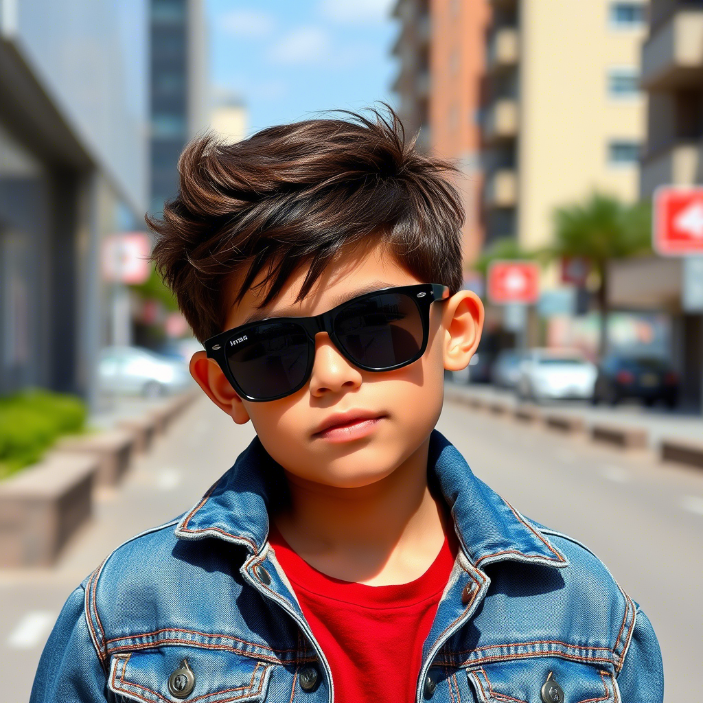 Cool boy wearing durable denim jacket and sunglasses, posing in urban landscape.