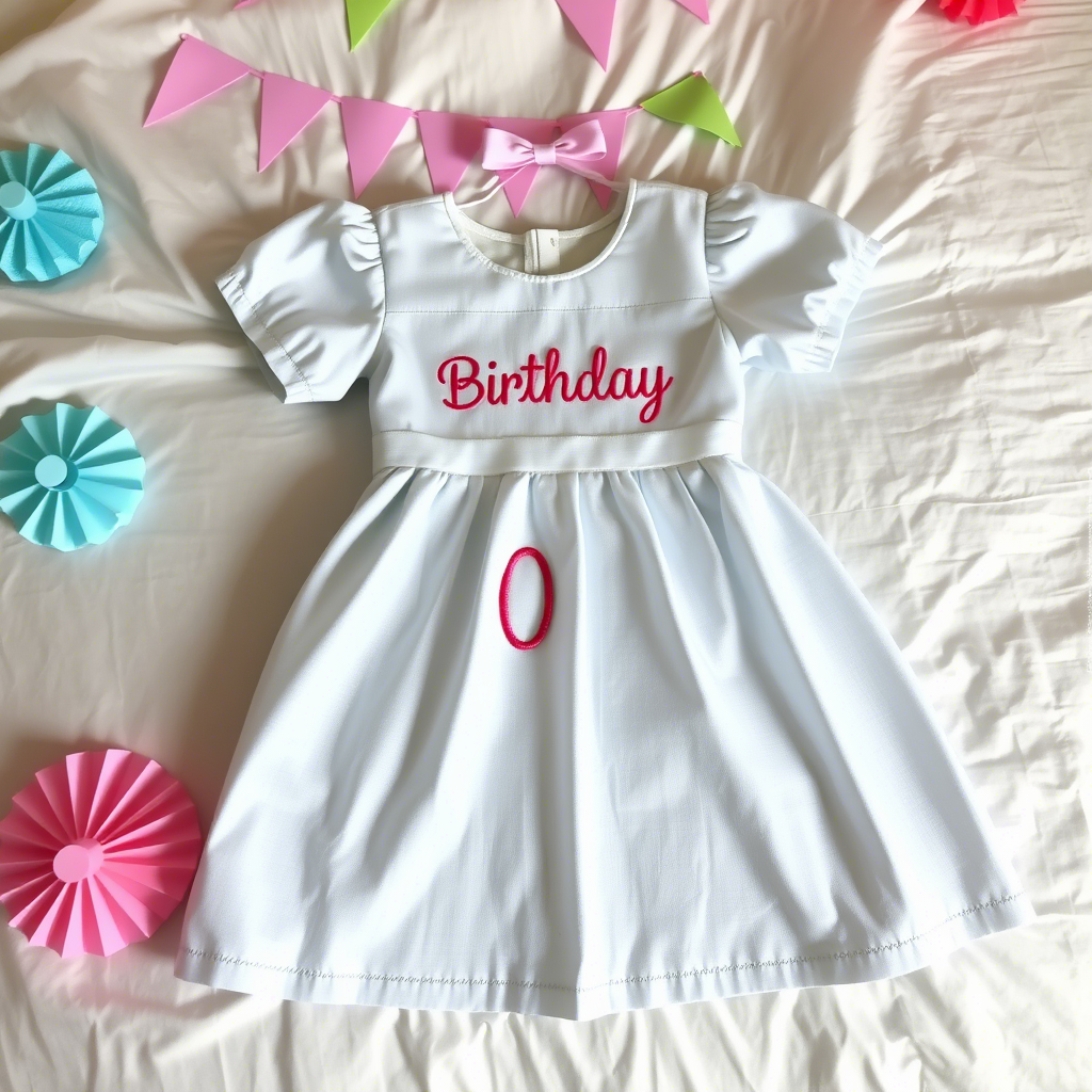 Custom-made birthday dress with a child's name and age embroidered on it, laid out on a bed with party decorations.