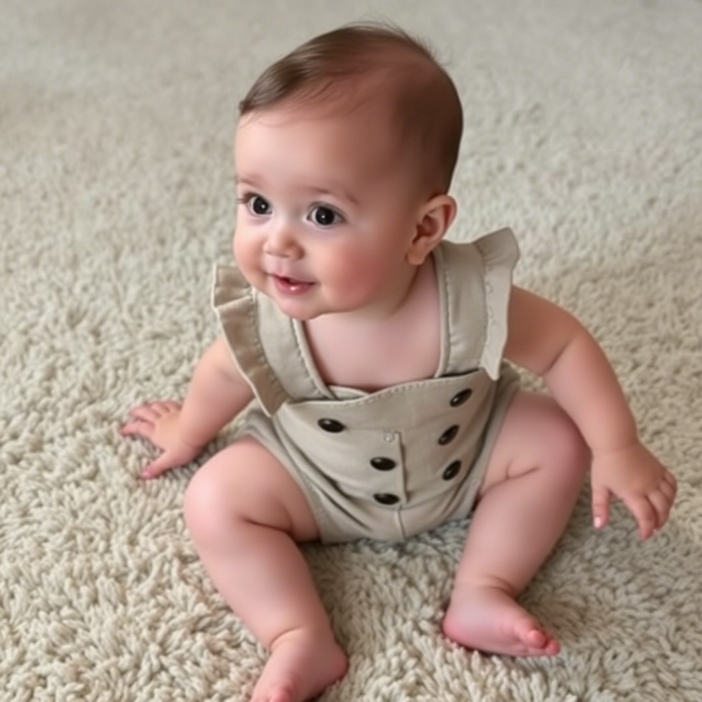Cute baby wearing romper with snap shoulders, playing on a soft carpet.