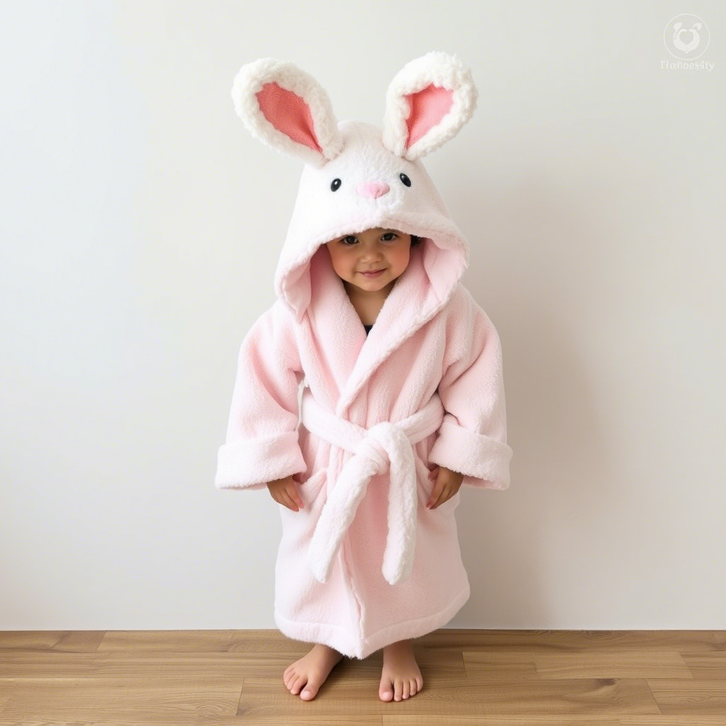 Cute fluffy rabbit ear hood terrycloth robe for French kids bath fun