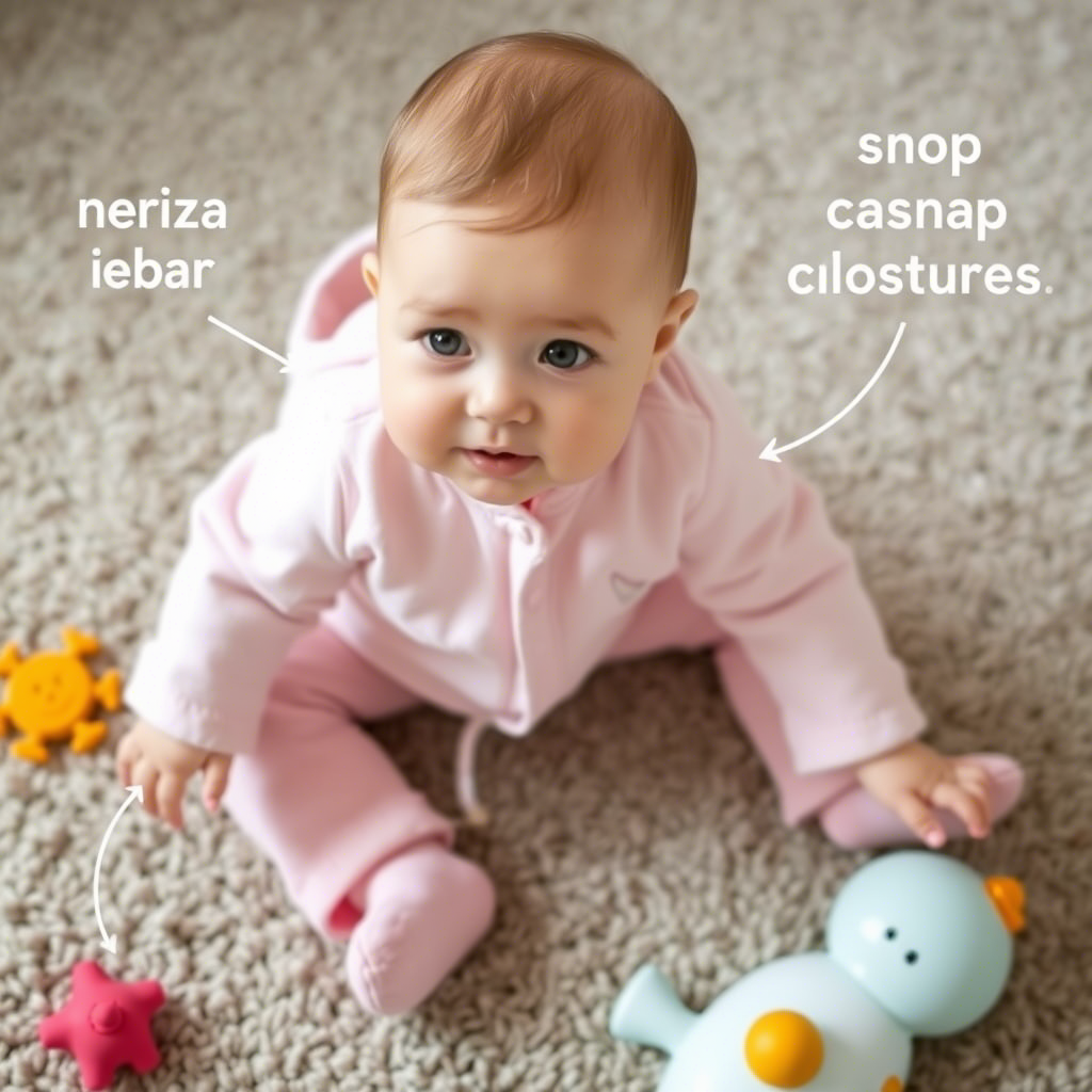 Cute infant dressed in pastel-colored baby clothes with easy-snap closures, playing with toys on a plush carpet.