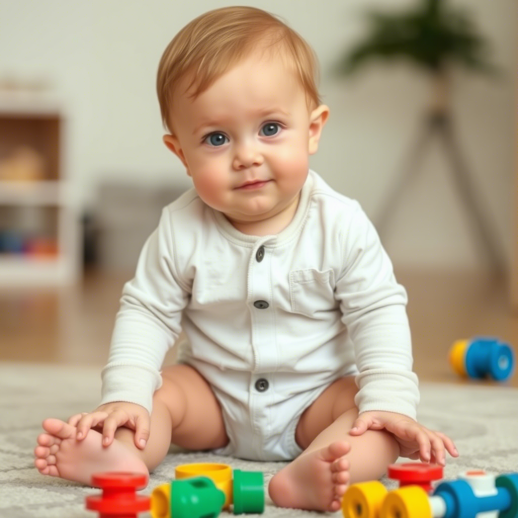 Cute toddler boy wearing onesie with magnetic closure, playing with toys on the floor.