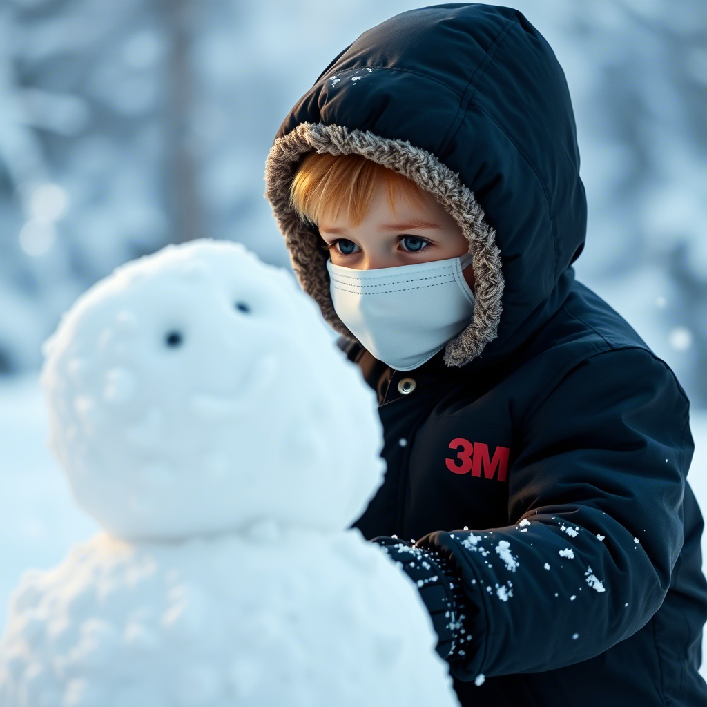 Cute toddler in 3M Thinsulate Snowsuit, face mask attached, building snowman in winter wonderland.