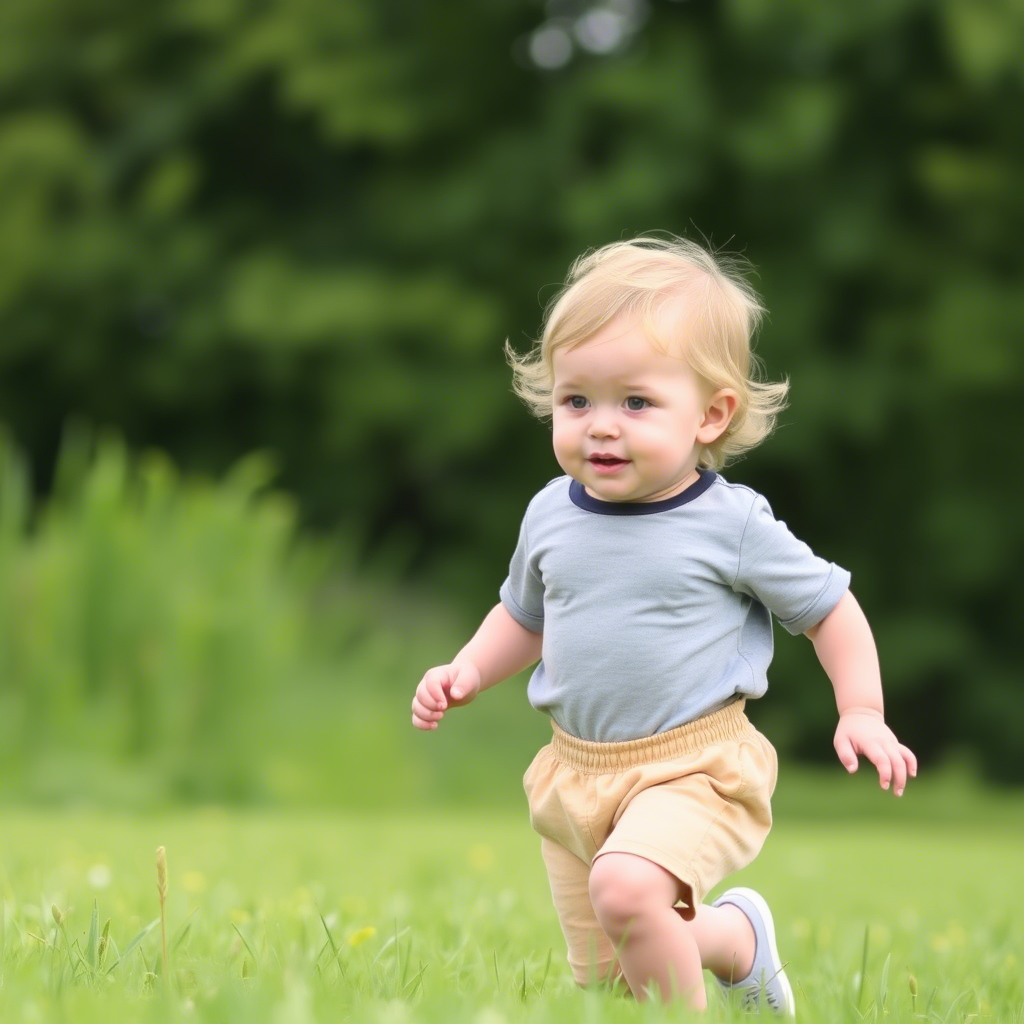 Cute toddler in growth-friendly kids wear with elastic waistband, running in a green meadow.