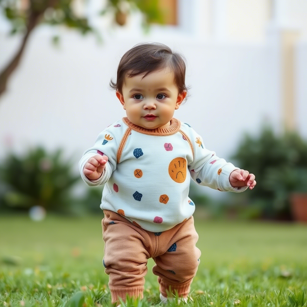Cute toddler wearing comfortable hypoallergenic outfit playing outside, enjoying the outdoors without any skin irritation