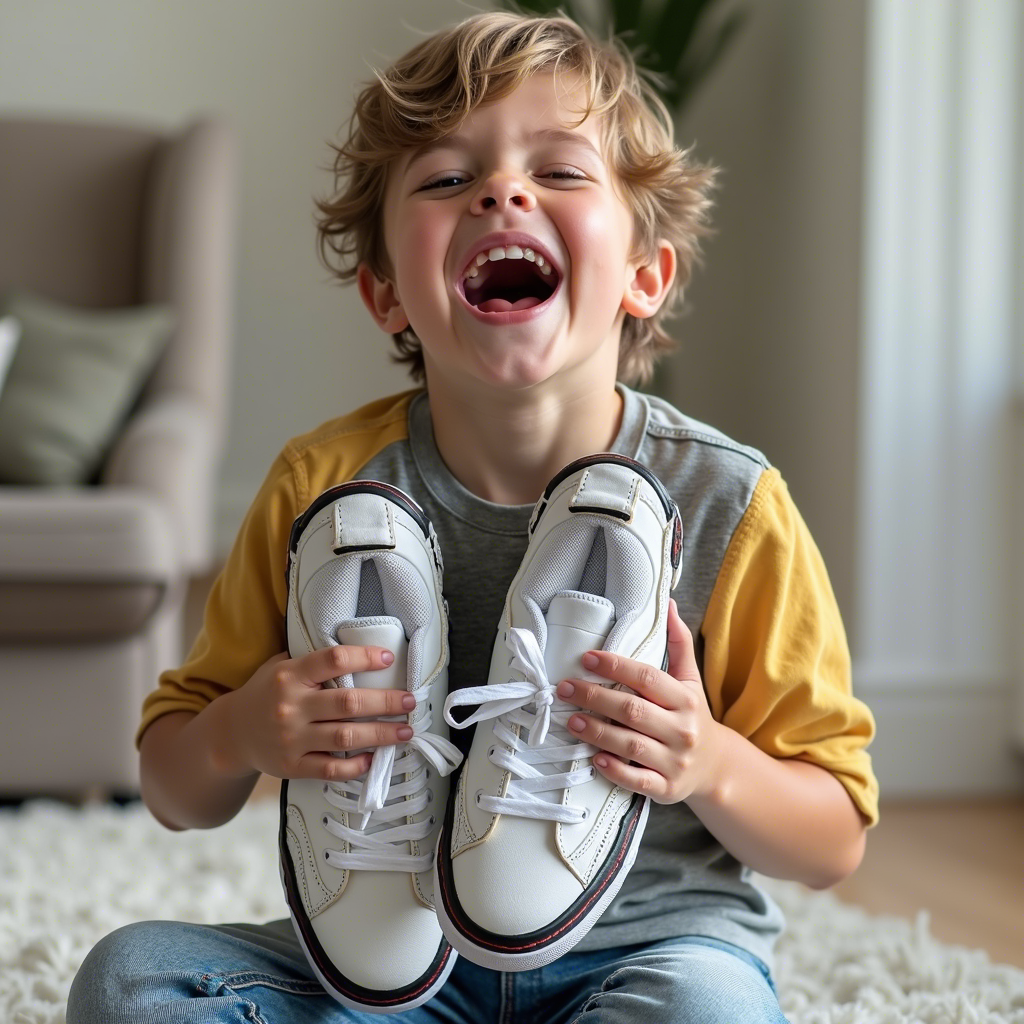 A young boy excitedly showing off his new shoes, inspired by his favorite social media influencer, demonstrating the personal connection kids make with fashion influenced by social media.