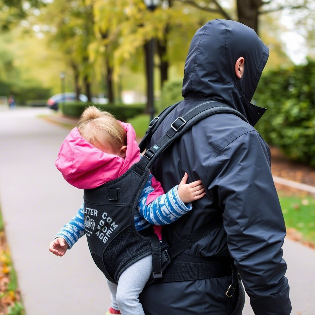 Detachable kids carrier attached to a man's waterproof jacket in a park