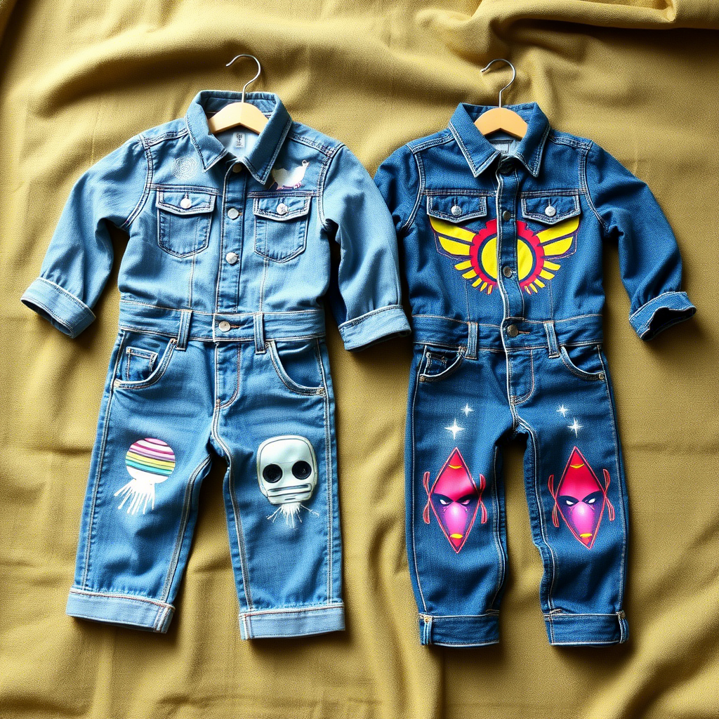 Eco-friendly denim clothing for kids with vibrant washes and futuristic designs, displayed on a sustainable fabric backdrop.