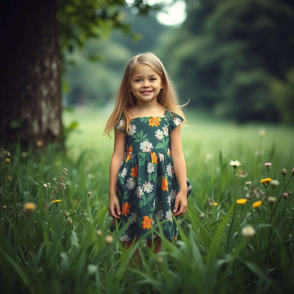 Eco-friendly girl in floral dress, standing in a lush green meadow
