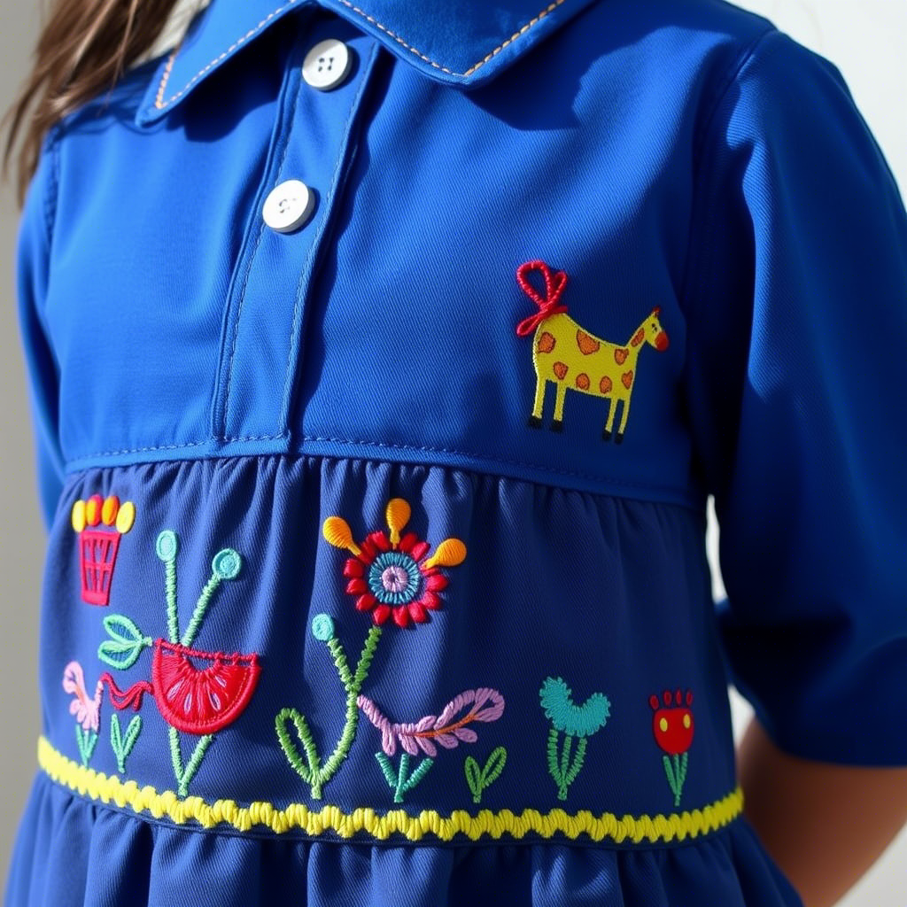 An eco-friendly school uniform made of organic cotton, featuring colorful embroidery and fun designs, perfect for the modern schoolgirl
