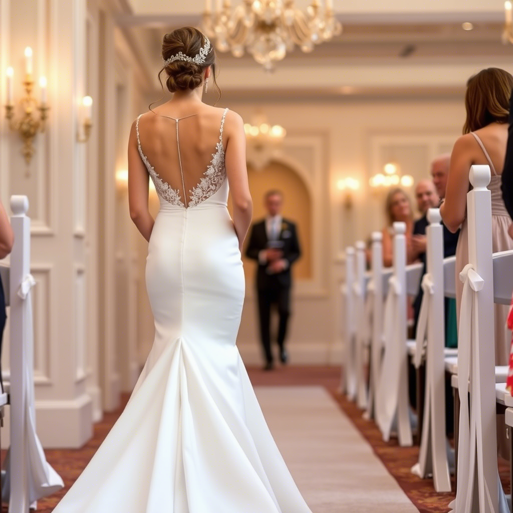 Elegant bride walks down the aisle in white convertible pageant dress, train flowing behind her.