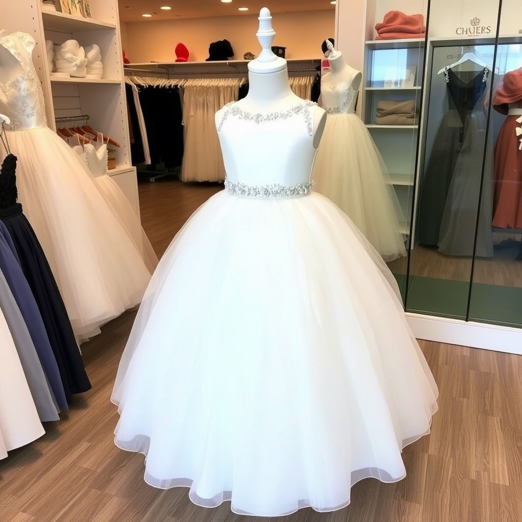 Elegant children's ball gown with detachable overskirt, displayed on a mannequin in a boutique.