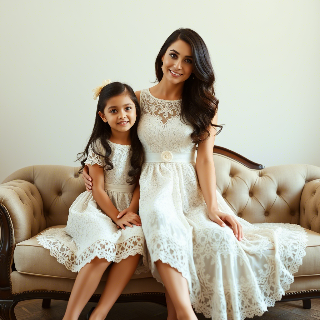Elegant mother and little girl in identical lace dresses, posing together on a vintage sofa.