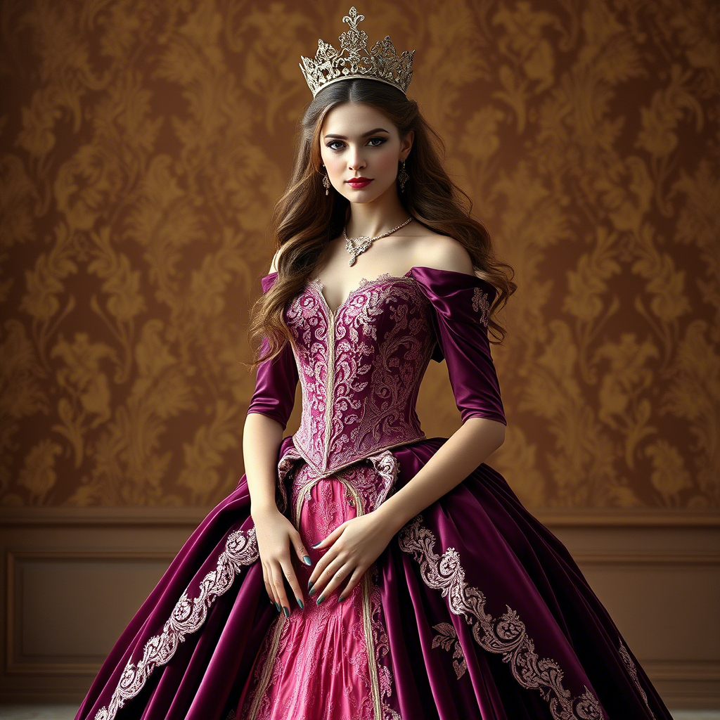 Elegant princess wearing a lavish velvet and satin gown with delicate lace and ornate trim