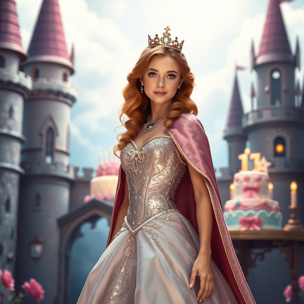 Elegant princess wearing a shimmering dress and cape, standing in a fantastical castle, birthday cake in the background.