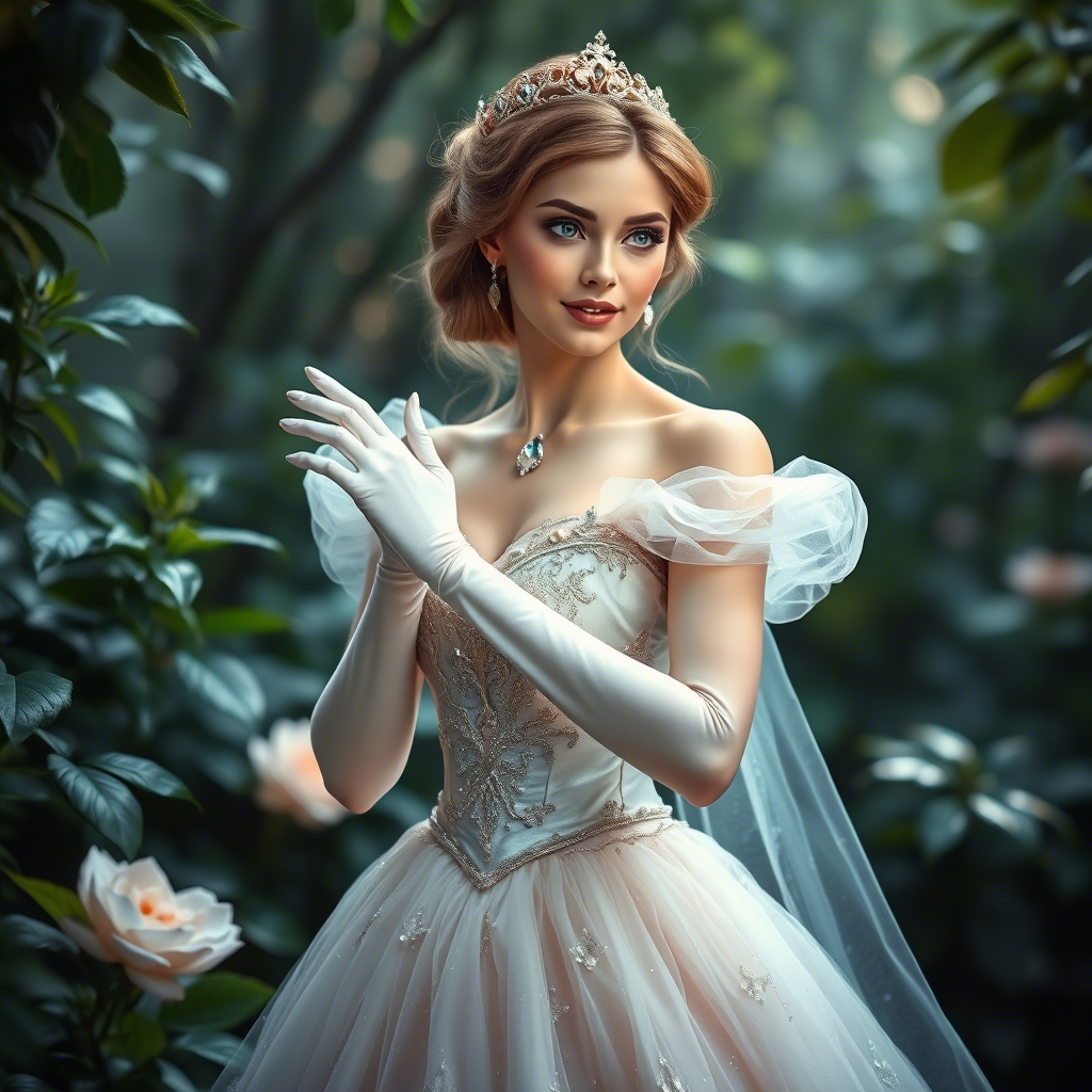 Enchanted princess wearing a shimmering gown with a delicate tiara and long gloves, surrounded by lush greenery