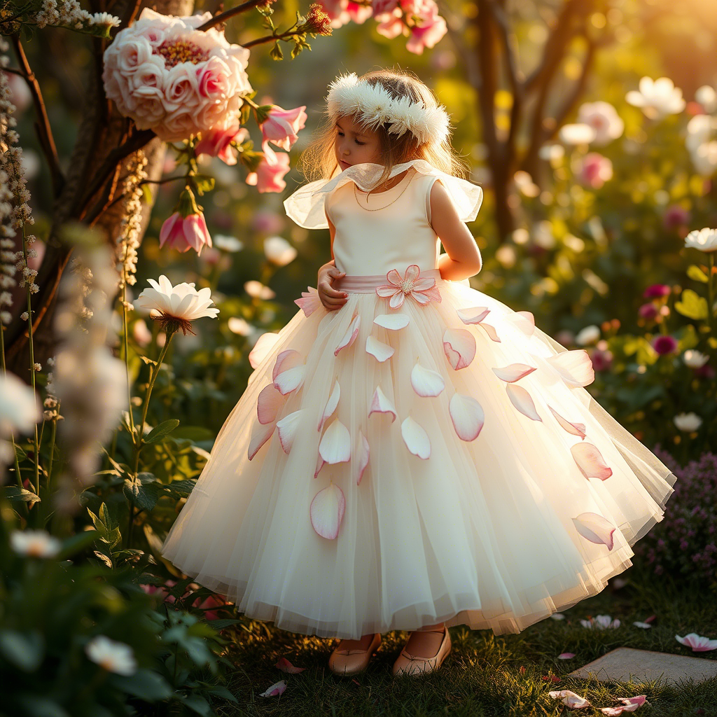 Ethereal flower girl dress with detachable petals, ivory and blush tones, whimsical garden setting