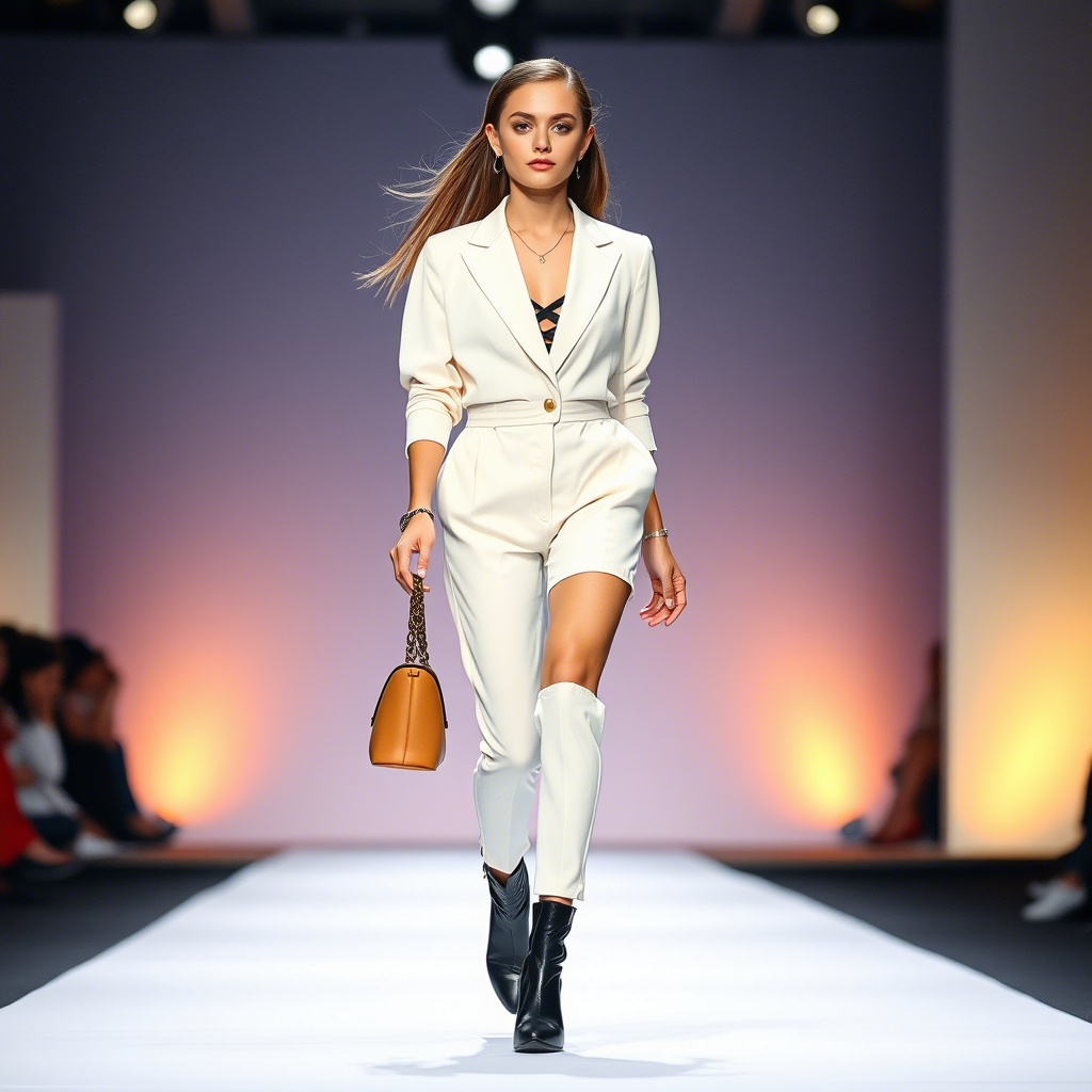Fashionable young woman in chic clothing set, walking down a catwalk with confident stride