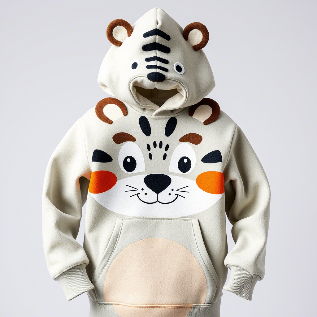 Fun animal design on a cozy kids hoodie with hood up