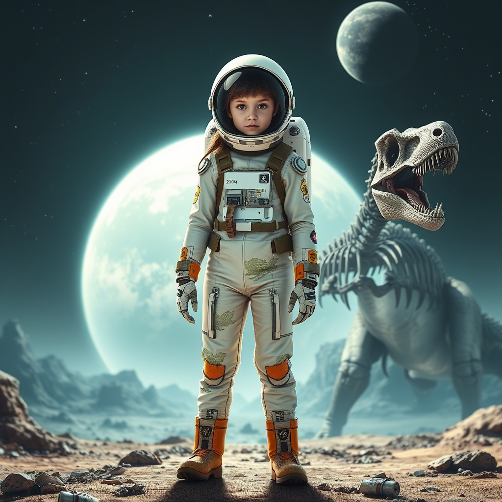 Futuristic astronaut girl wears a dinosaur-printed jumpsuit, standing on a distant planet with a giant T-Rex skeleton.
