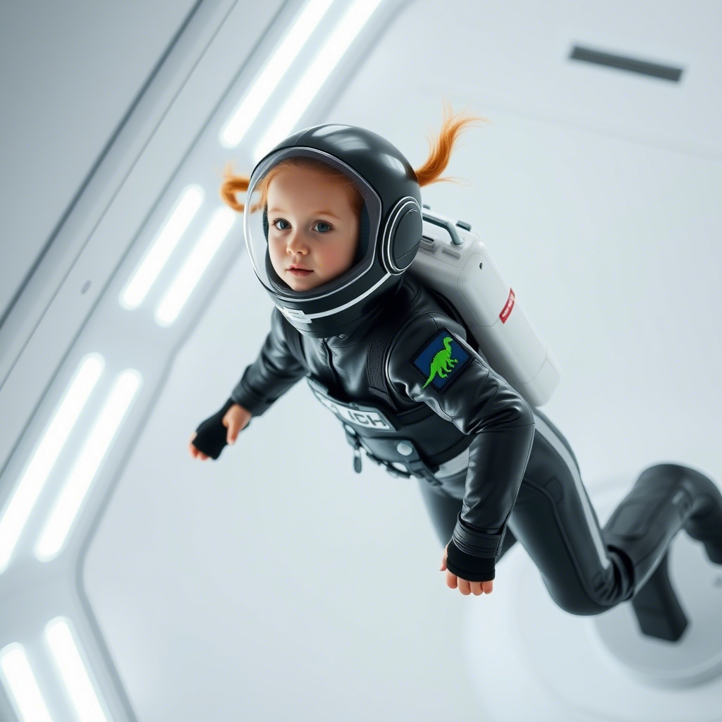 Girl in a sleek black spacesuit with dinosaur emblems on the sleeves floats in zero gravity.