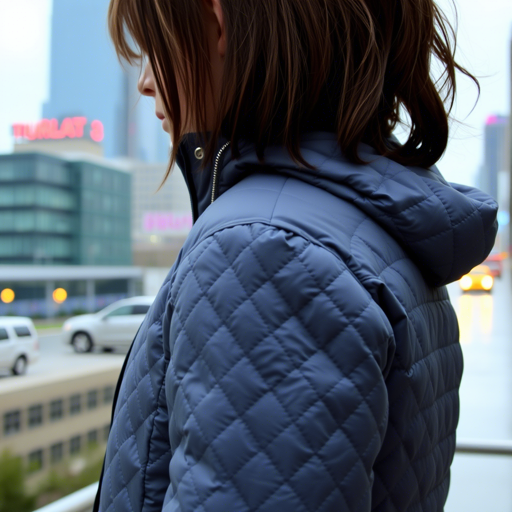 A young girl wearing a quilted jacket with a hidden pocket, standing in front of a rainy cityscape, highlighting the jacket's water-resistant shell and practical design